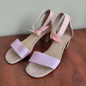 Anthropologie Pink and Orange Gingham Women's Block Heel Sandals Size 38